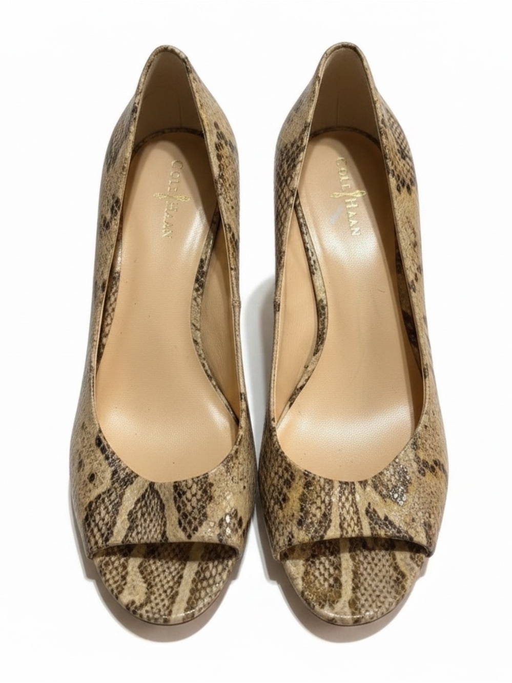 Cole Haan Beige Snake-Print Peep Toe Heels